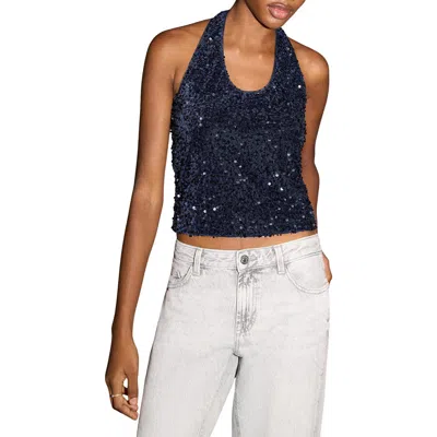 Mango Teen Sequin Halter Crop Top In Blue