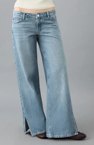 Mango Teen Side Slit High Waist Wide Leg Jeans In Blue