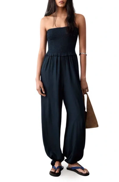 Mango Teen Smocked Strapless Jumpsuit In Blue