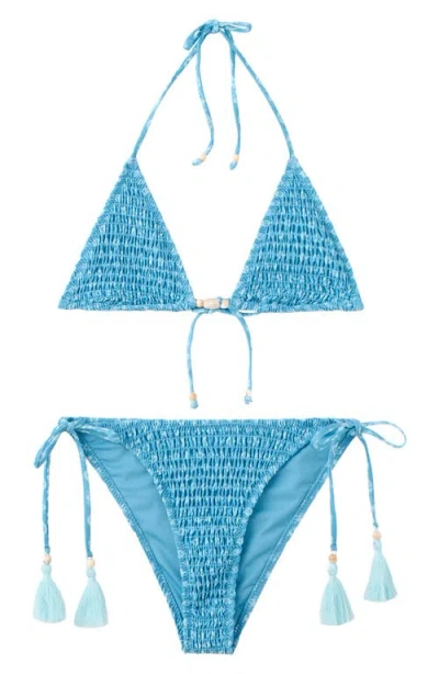 Mango Teen Smocked Triangle Bikini Top In Blue