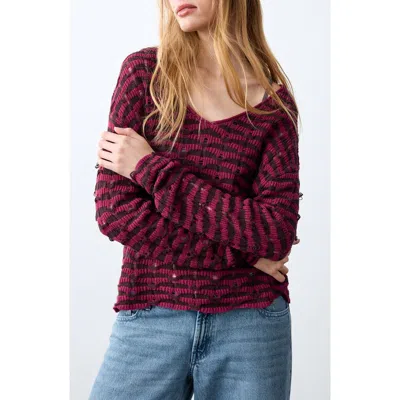 Mango Teen Stripe Openwork V-neck Sweater In Burgundy