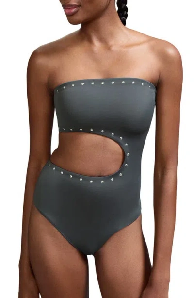 Mango Teen Studded Asymmetrical Cutout One Piece Swimsuit In Gray