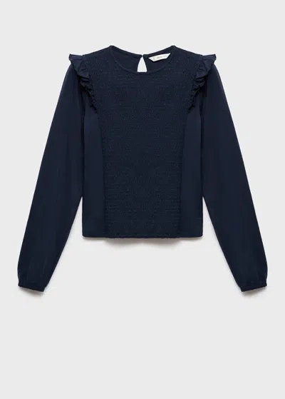 Mango Teen T-shirt Froncé À Volants Bleu Marine - Fille - L -  In Blue