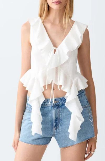 Mango Teen Tie Front Ruffle Top In White