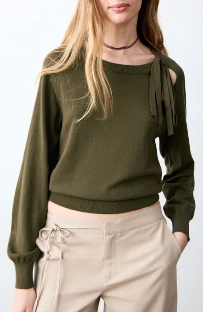 Mango Teen Tie Neck Cotton Sweater In Green