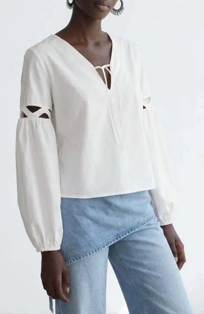 Mango Teen Tie Neck Cutout Poplin Top In White