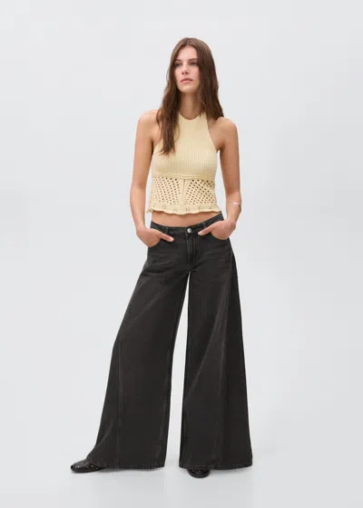 Mango Teen Wide-leg Jeans With Seam Detail Black Denim