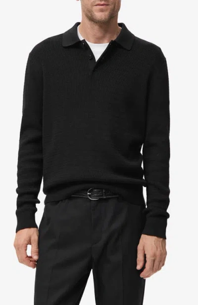 Mango Texture Long Sleeve Polo In Black