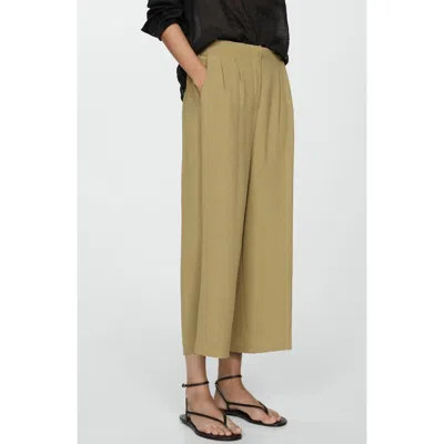 Mango Textured Ankle Wide Leg Pants In Khaki Green