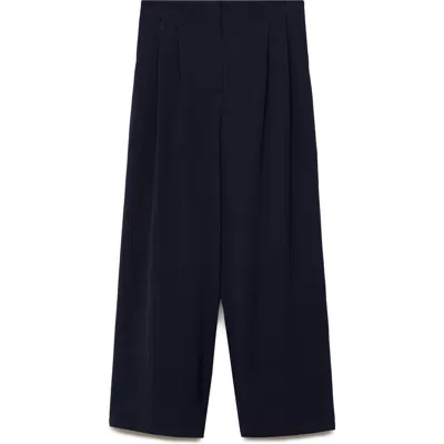 Mango Textured Ankle Wide Leg Pants In Navy