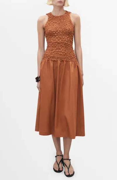 Mango Textured Bodice Open Back Sundress In Brown