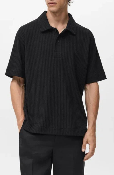 Mango Textured Knit Polo In Black