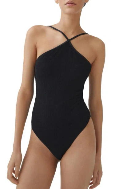 Mango Textured One-piece Swimsuit In Black