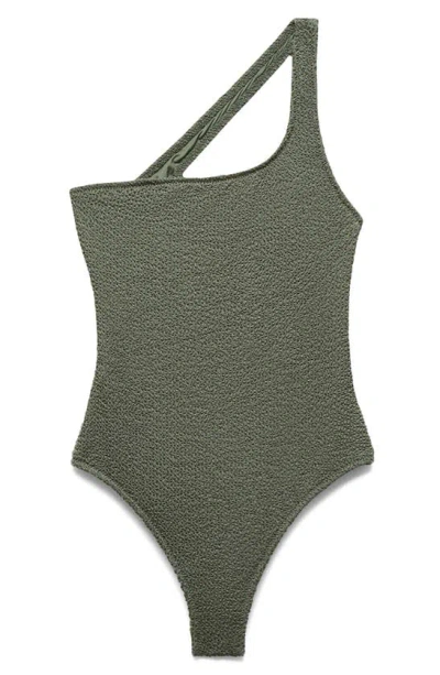 Mango Textured One-shoulder One-piece Swimsuit In Olive Green