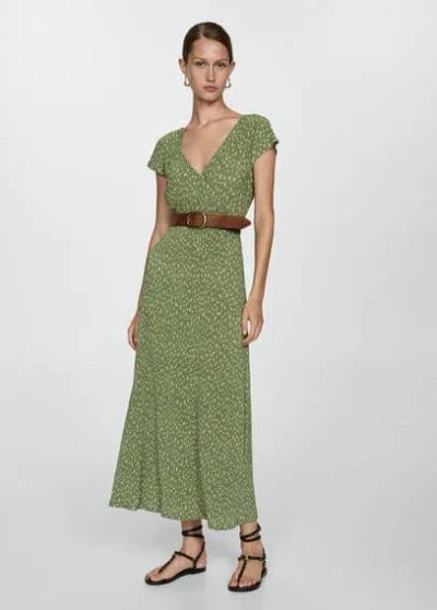 Mango Textured Printed Dress Green In Vert