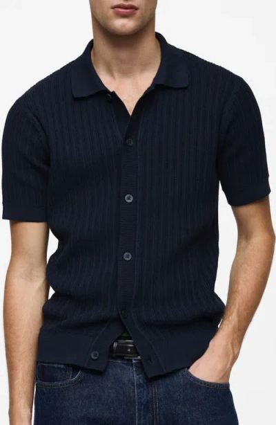 Mango Textured Short Sleeve Button-up Knit Shirt In Dark Navy
