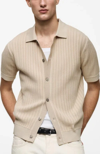 Mango Textured Short Sleeve Button-up Knit Shirt In Ecru