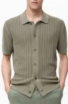 Mango Textured Short Sleeve Knit Button-up Shirt In Green