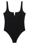 Mango Textured Split Neck One-piece Swimsuit In Black