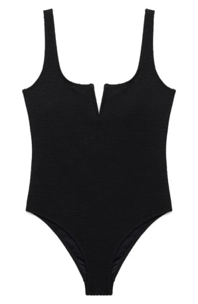 Mango Textured Split Neck One-piece Swimsuit In Black