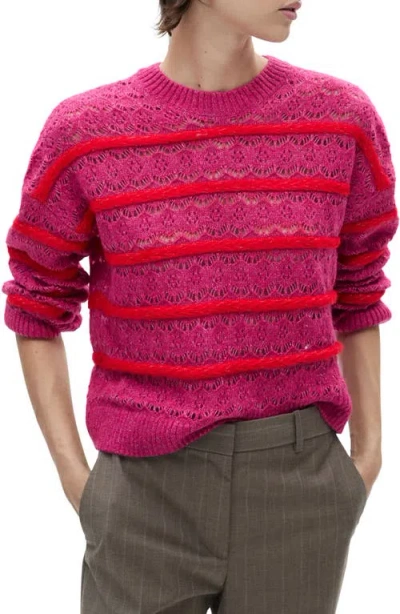 Mango Textured Stripe Openwork Sweater In Pastel Pink