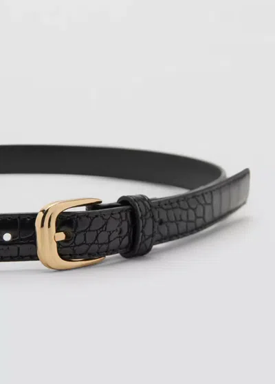 Mango Thin Faux Crocodile Leather Belt In Black