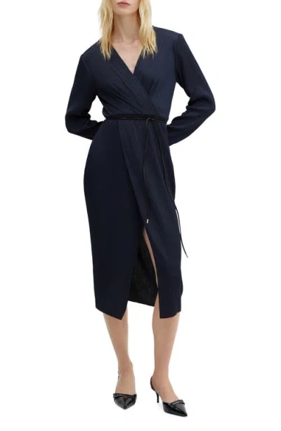 Mango Tie Belt Long Sleeve Dress In Dark Blue