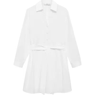 Mango Tie Belt Long Sleeve Shirtdress In White