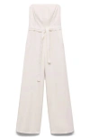 Mango Tie Belt Strapless Denim Jumpsuit In White