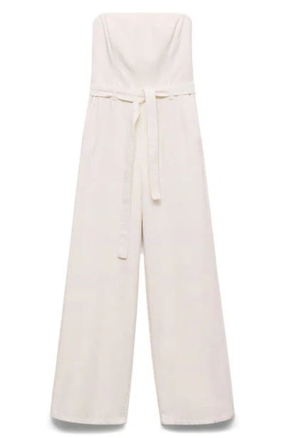 Mango Tie Belt Strapless Denim Jumpsuit In White
