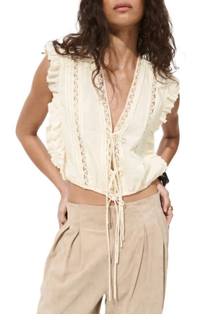 Mango Tie Front Ruffled Lace Trim Top In Neutral
