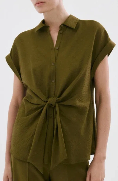 Mango Tie Front Woven Shirt In Green
