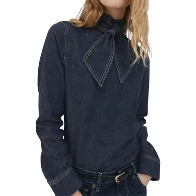 Mango Tie Neck Denim Button-up Shirt In Blue