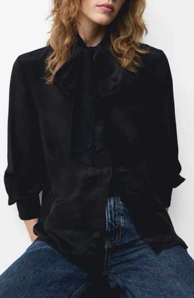 Mango Tie Neck Satin Shirt In Black