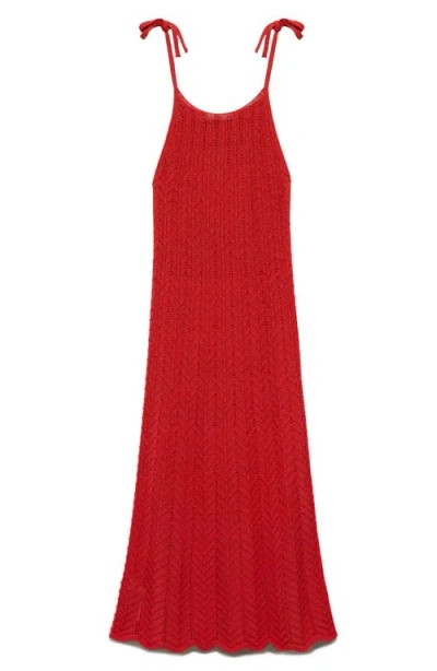 Mango Tie Strap Openwork Knit Dress In Coral Red