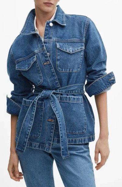 Mango Tie Waist Denim Jacket In Medium Blue