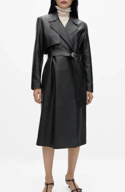 Mango Tie Waist Leather Trench Coat In Black