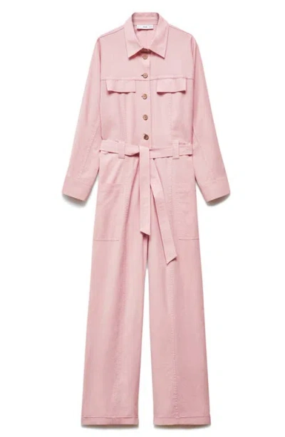 Mango Tie Waist Long Sleeve Jumpsuit In Pastel Pink