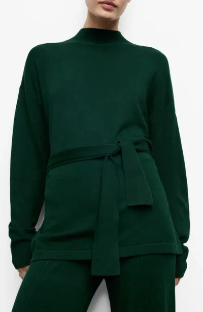 Mango Tie Waist Mock Neck Sweater In Green
