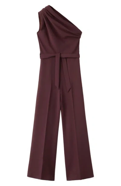 Mango Tie Waist One-shoulder Jumpsuit In Brown