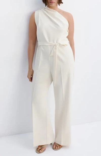 Mango Tie Waist One-shoulder Jumpsuit In White