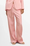 Mango Straight Linen Pants With Bow Light Pink In Pink