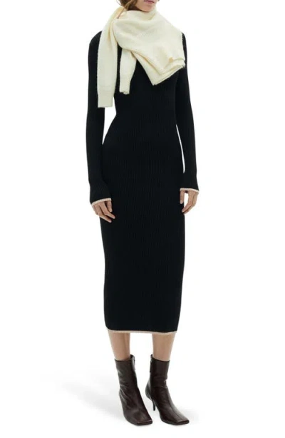 Mango Tipped Long Sleeve Rib Midi Sweater Dress In Black