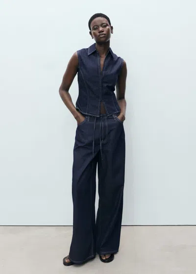 Mango Fitted Denim Top Open Blue