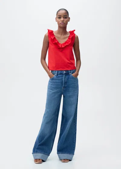 Mango Top Coton Volant Rouge - Femme - L -