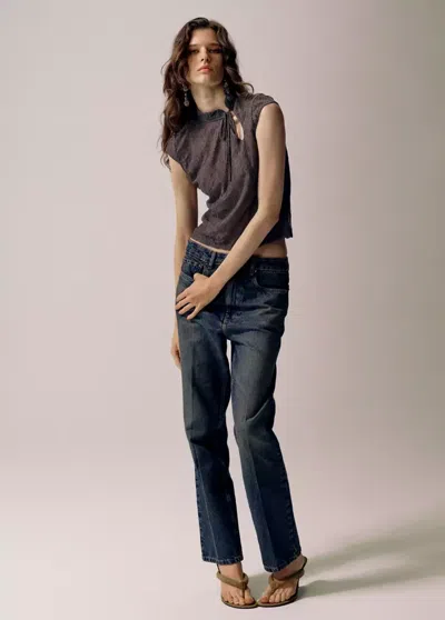 Mango Top Dentelle Avec Naud In Gris