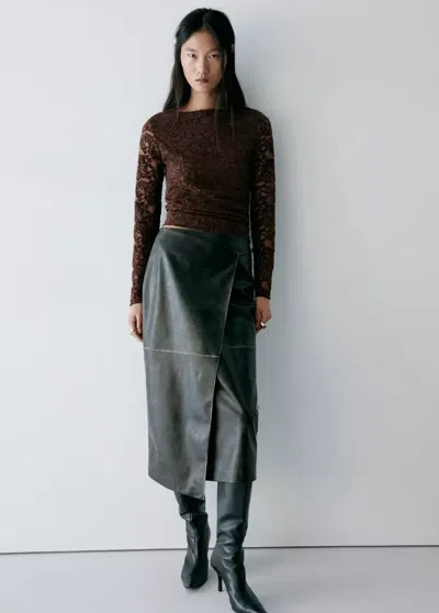 Mango Top Dentelle En Velours In Marron