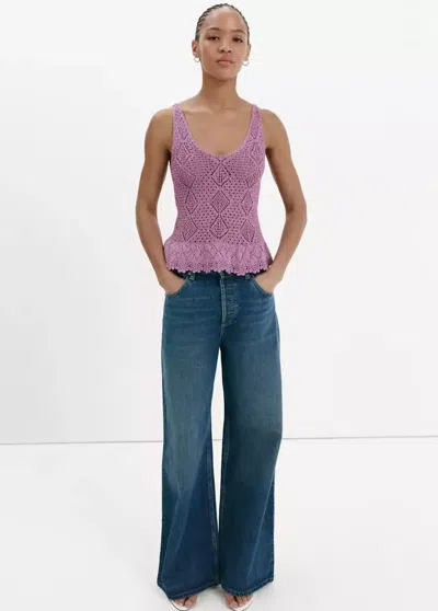 Mango Crocheted Lurex Top With Scalloped Ruffle In Purple