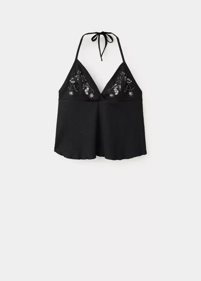 Mango Top Halter Brodé In Black