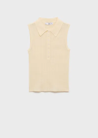 Mango Top Maille Col Polo Vanille - Femme - L -